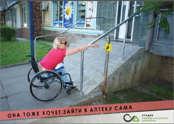 Женщина на инвалидной коляске перед недоступным входом в аптеку